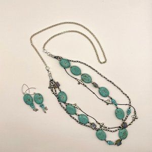 Turquoise Triple Strand Necklace and Matching Earrings